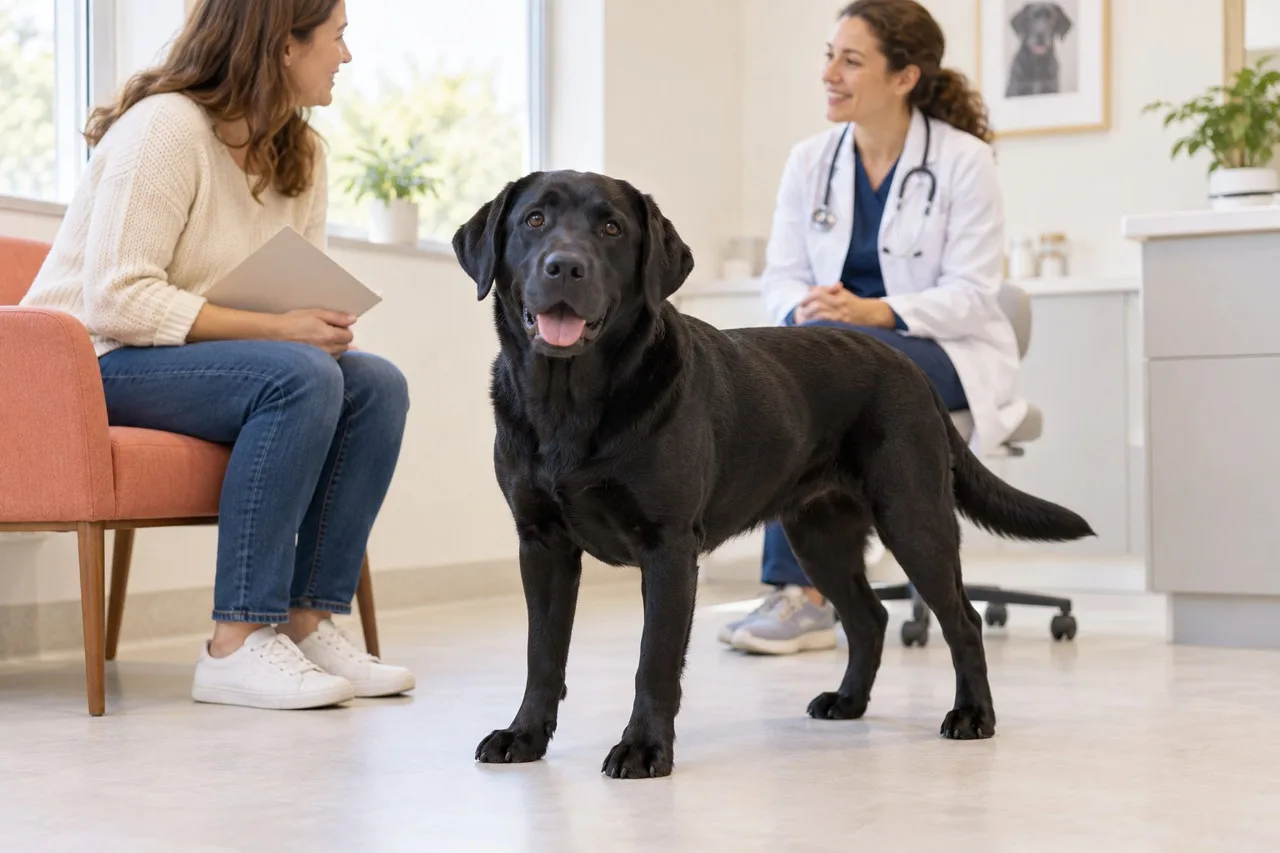 Black dog standing beside its owner and a veterinarian in a consultation room