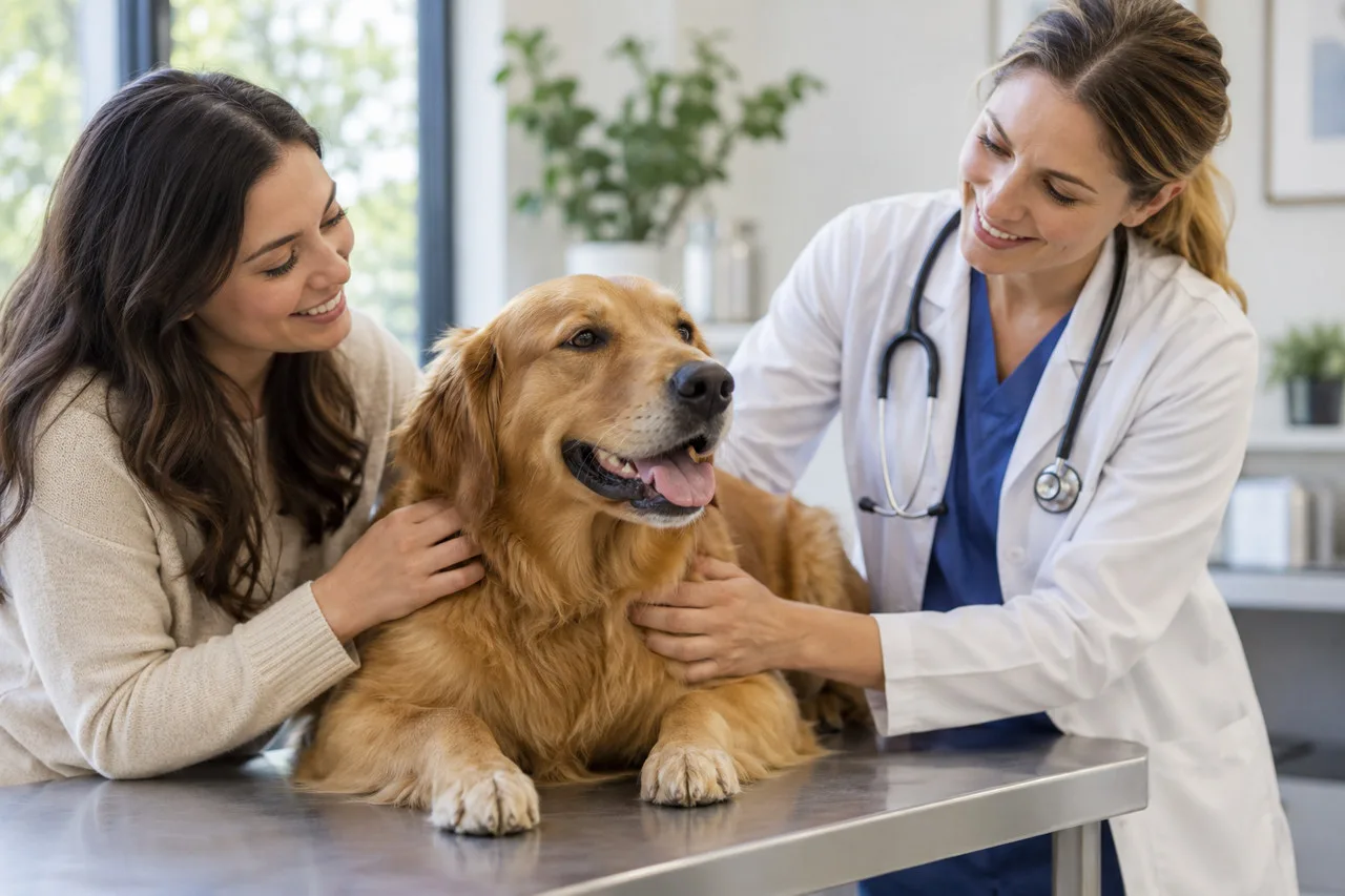 Veterinarian examining a golden-colored dog beside its owner